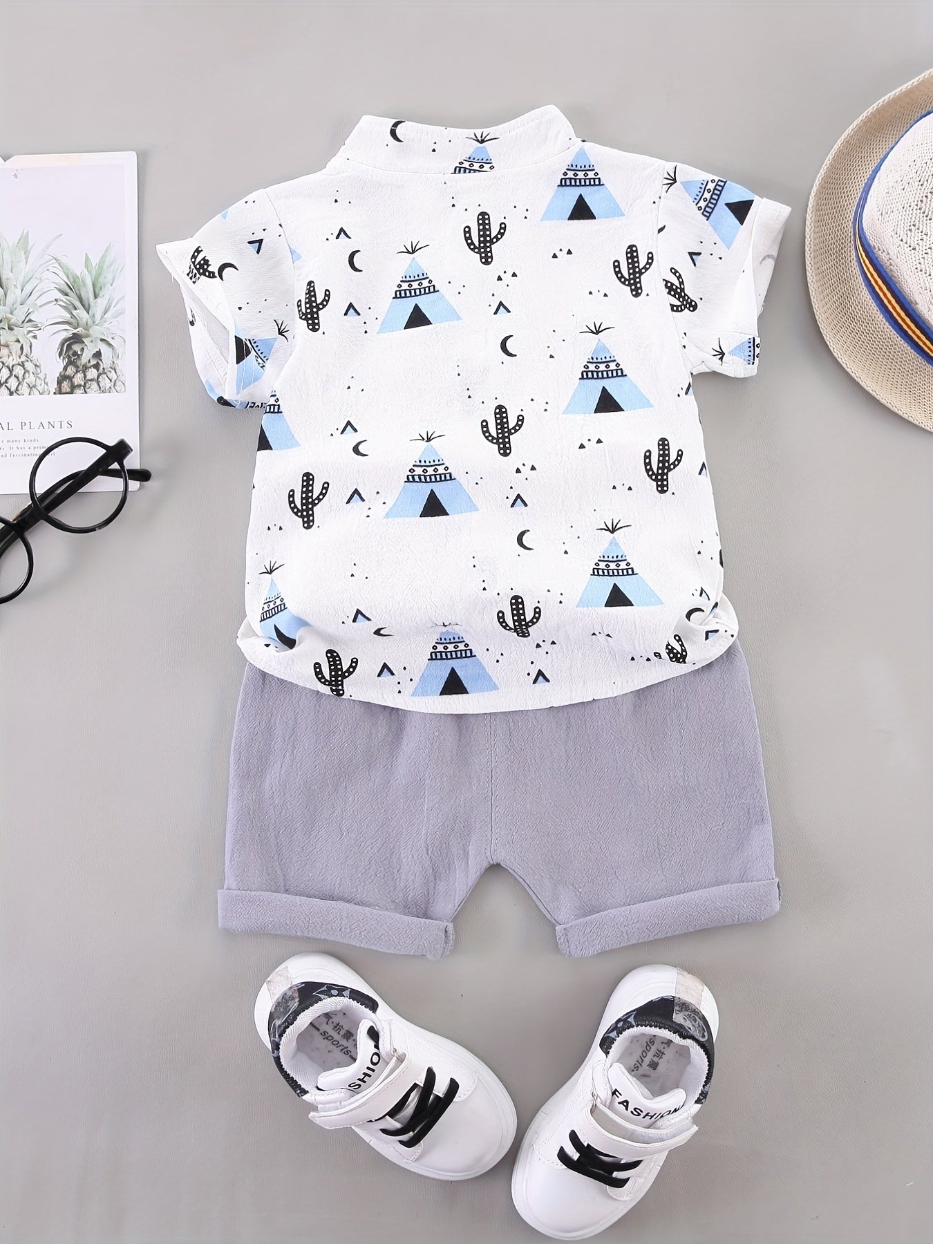 2pcs Baby Boys Cactus Print Short Sleeve Shirt & Shorts Set