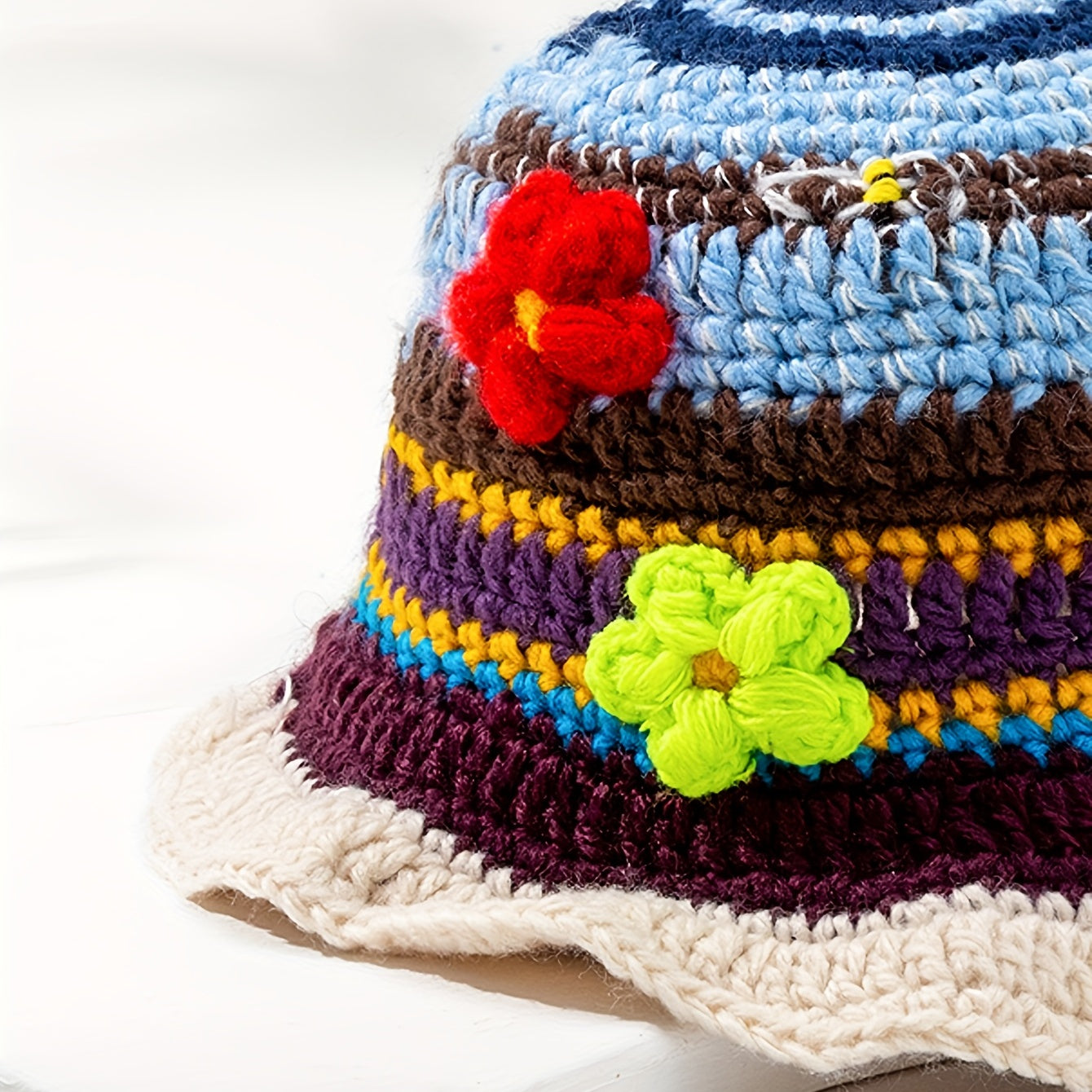 Ruffles Knitted Flower Bucket Hat Crochet Basin Hat Women