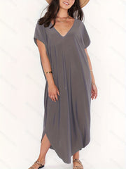 Dark Gray V Neck High Strech Beach Dress Short Sleeve Cover Up Women's Swimwear