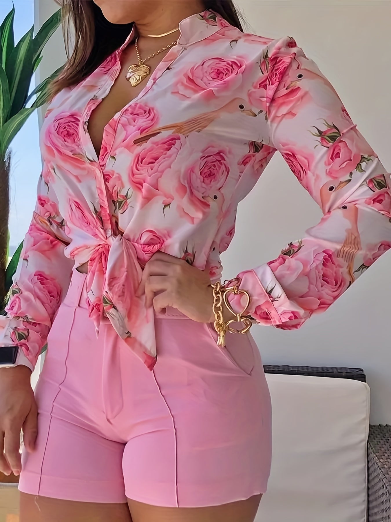 Floral Print Casual Button Front Blouse Long Sleeve
