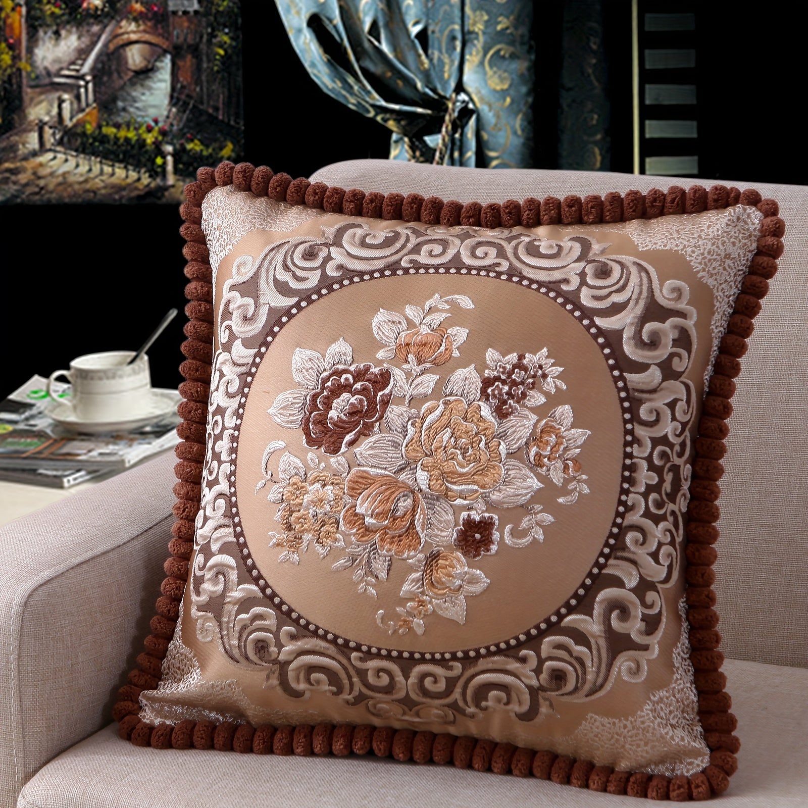 Chenille Embroidered Rose Floral Sofa Pillow Cover 19x19 Inches
