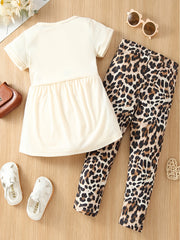 2pcs Girls Cat Cartoon Shirt & Leopard Print Pants Set