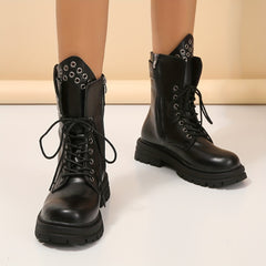 Solid Platform Combat Boots Lace Up Round Toe Non slip Mid Calf Shoes