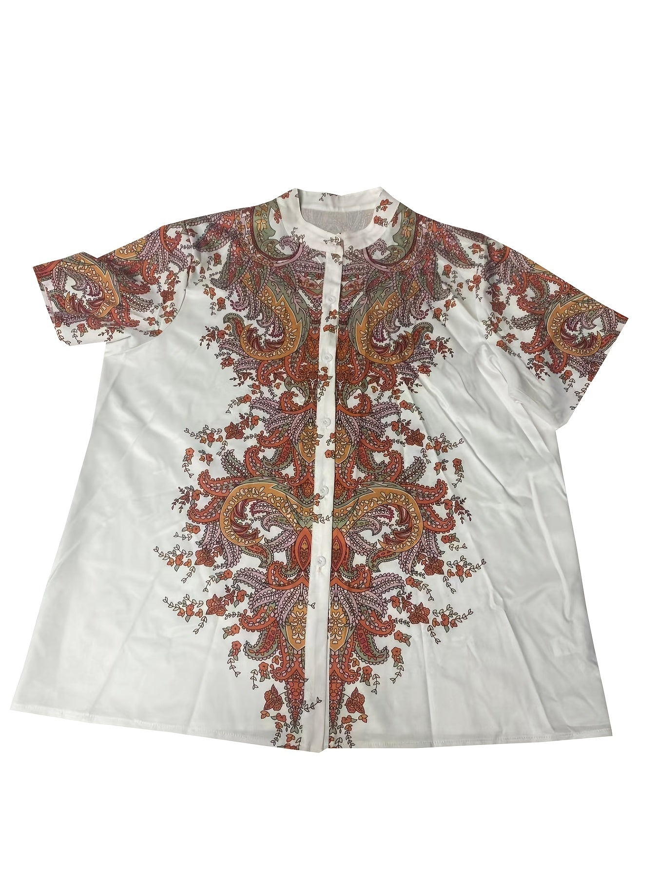 Boho Blouse Women's Plus Paisley Print Button Up Short Sleeve