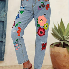 Floral Pattern Straight Jeans Non Stretch Denim Pants