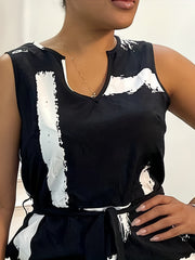 Brush Print Notched Neck Tank Jumpsuit With Belt
