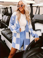 Checkerboard Print Cardigan Long Sleeve Open Front