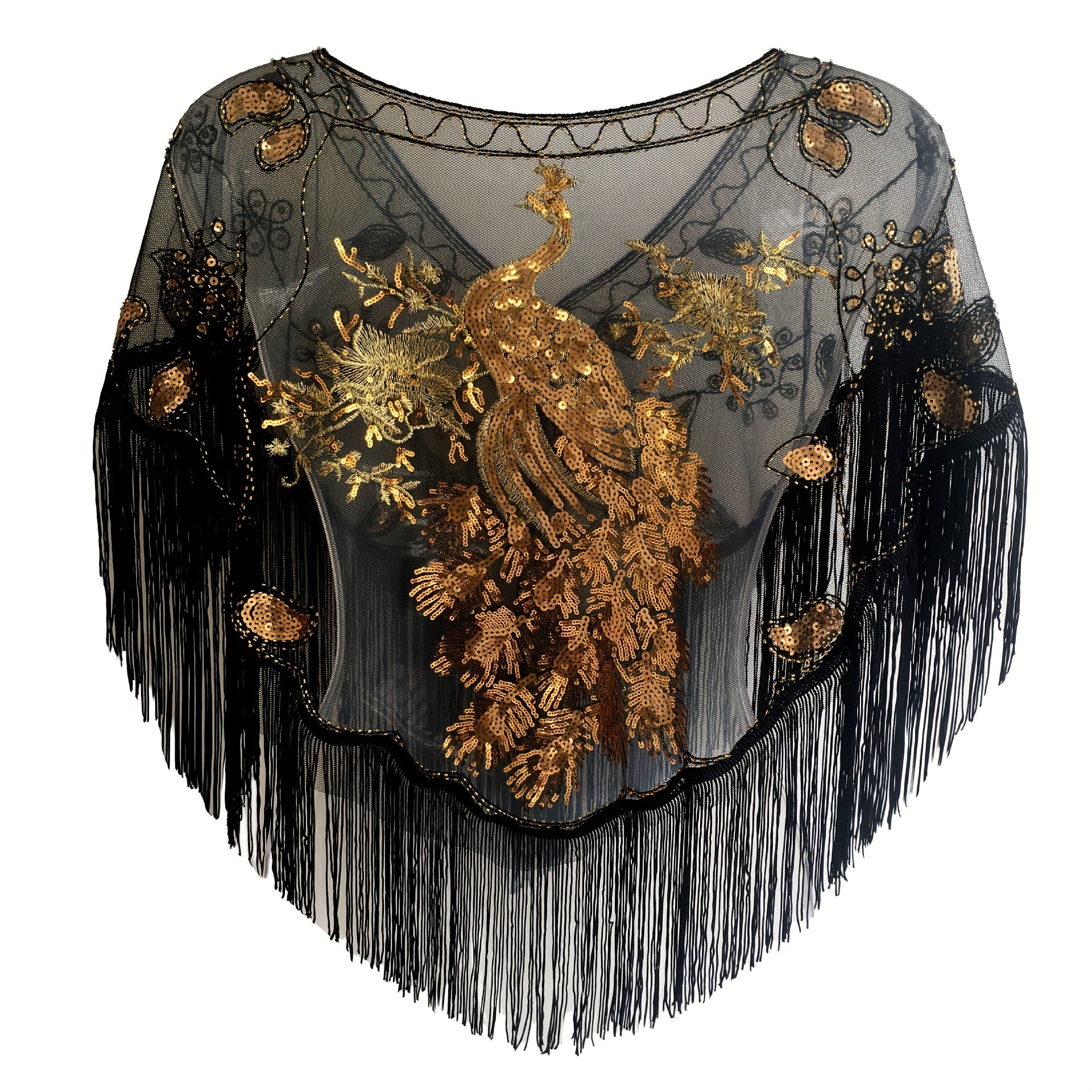 1920s Peacock Embroidery Tassel Shawl Sequin Beaded Wrap