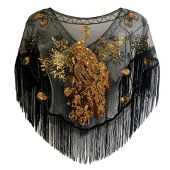 1920s Peacock Embroidery Tassel Shawl Sequin Beaded Wrap