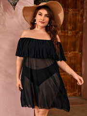 Off Shoulder Ruffle Trim Sheer Cover Up Dress