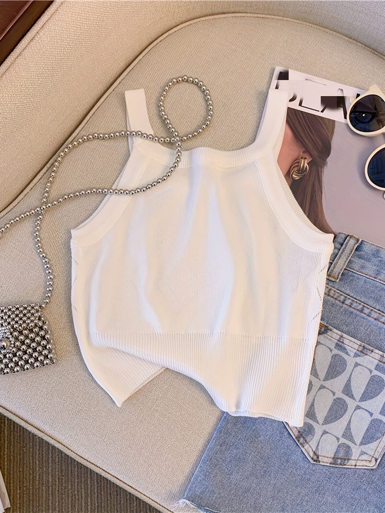 Rhinestone Eyelet Spaghetti Top Sleeveless Cami