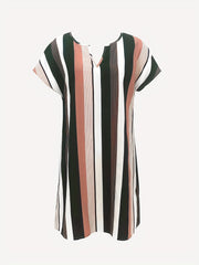 Striped Notched Neck Dress Short Sleeve Casual Dress