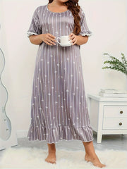 Plus Size Nightdress Women's Plus Stripe & Heart Print Short Sleeve