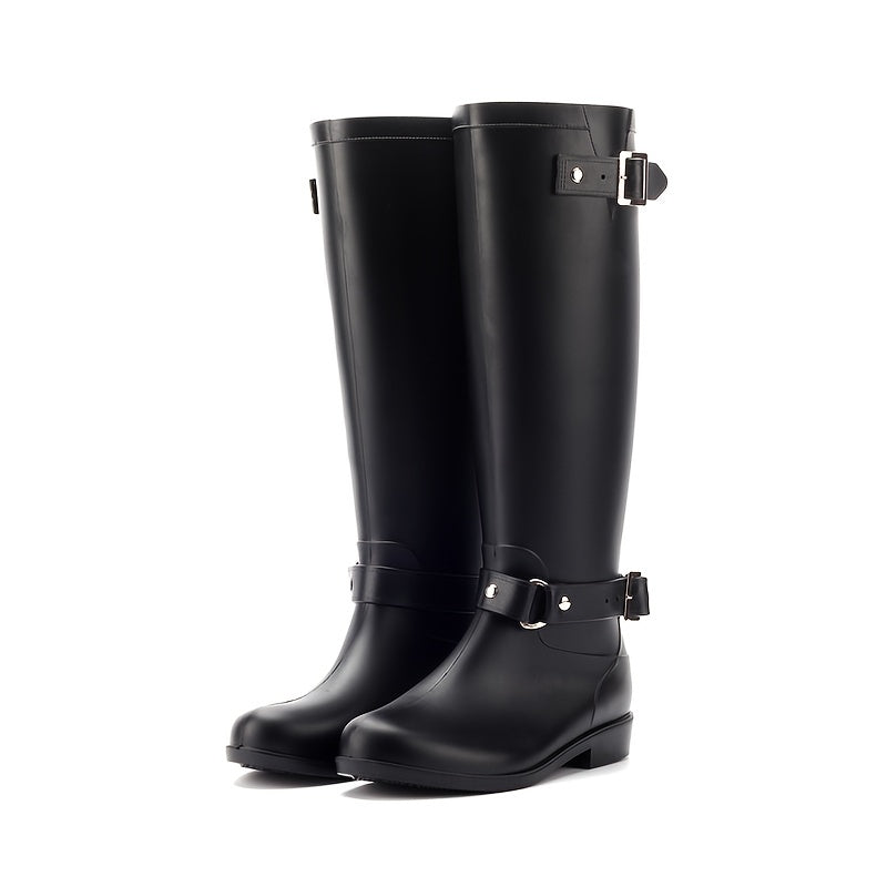 Women's Chunky Low Heel Knee High Rain Boots Waterproof