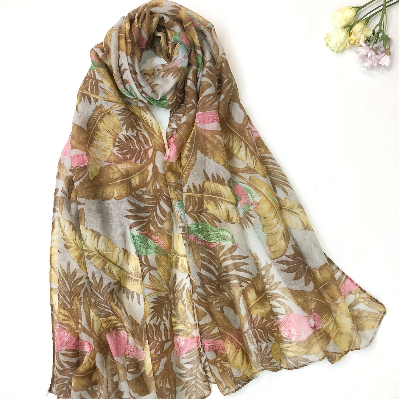 Birds & Leaves Print Voile Scarf Boho Thin Casual Shawl Vintage Women Wrap Acces