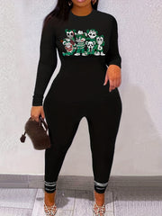 Cartoon Print Long Sleeve Tee & Solid Leggings Set