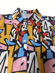 Colorblock Geometric Print Button Up Blouse