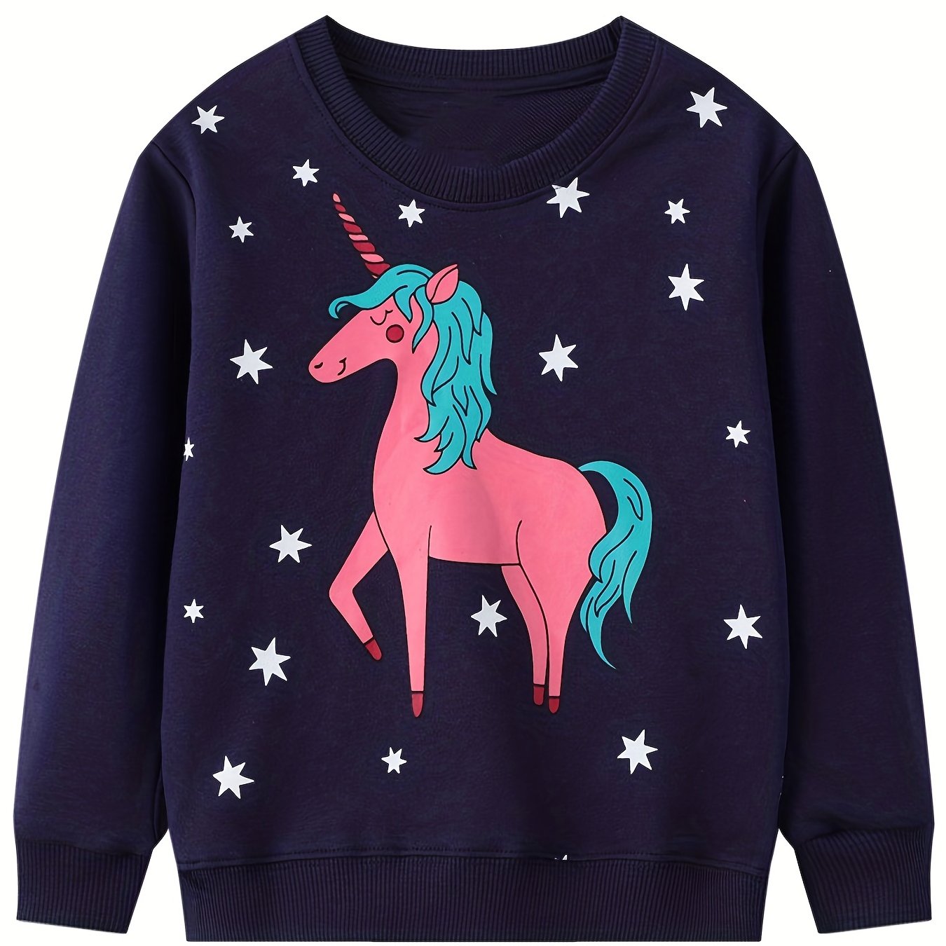 Girls Unicorn Stars Crew Neck Sweatshirt Top For Sports Casual Outfit