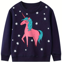 Girls Unicorn Stars Crew Neck Sweatshirt Top For Sports Casual Outfit