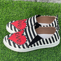 Women's Striped Red Heart Flat Lightweight Walking Shoes