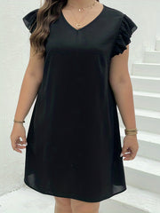 Solid Ruffle Sleeve V Neck Knee Length Dress