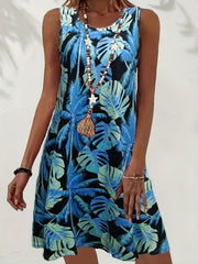 Women's Plus Leaf Print Round Neck Tank Dress
