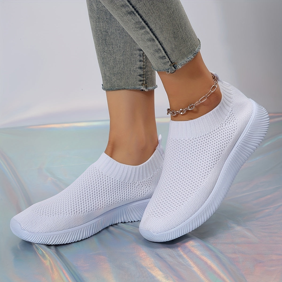 Women's Breathable Knitted Sneakers Lightweight Slip On Solid Walking Shoes