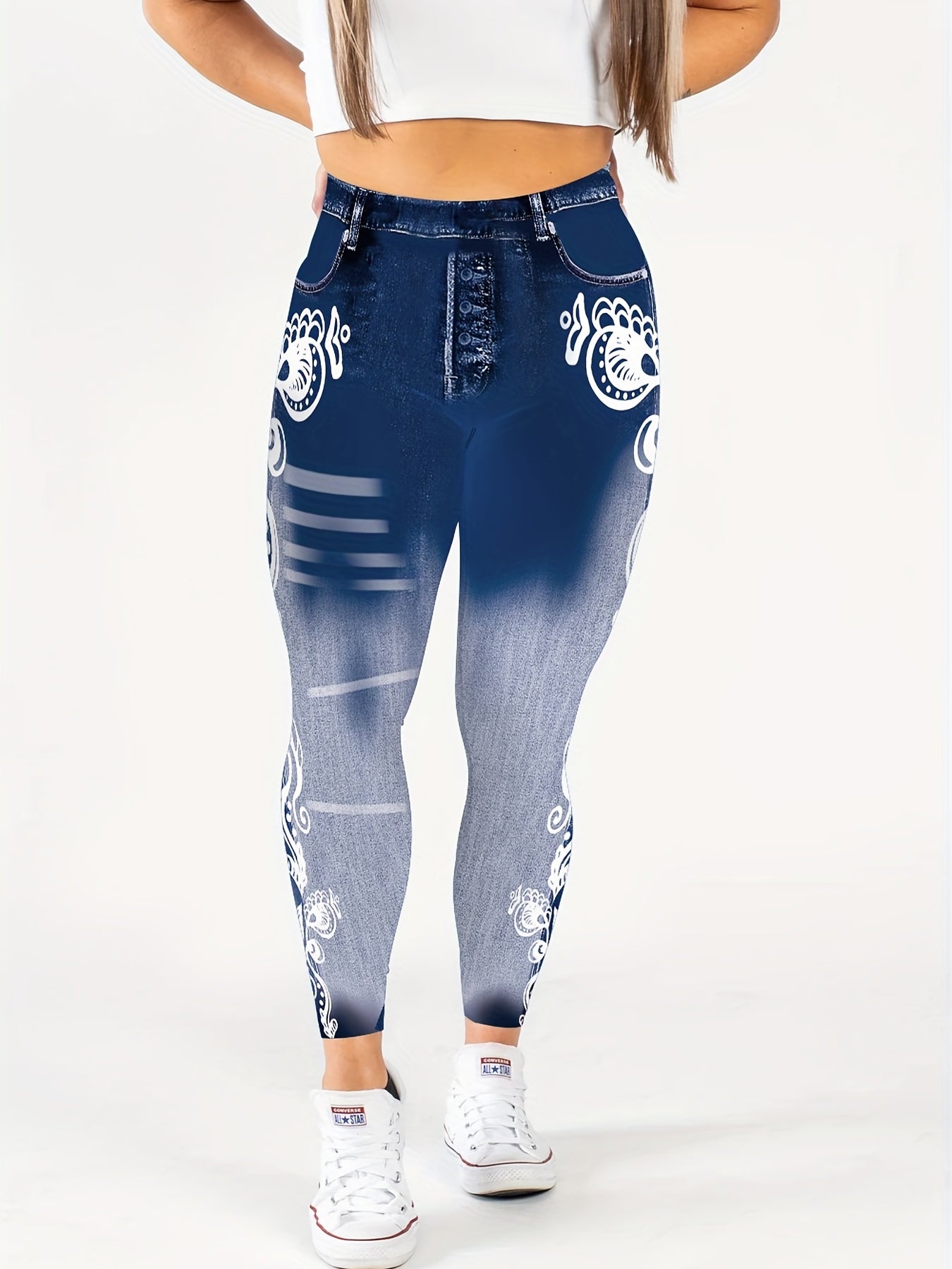 Denim Print Lifting Leggings Casual Skinny Leggings Women's Clothing