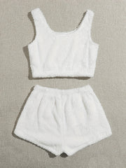 Furry Two piece Set Casual Crop Tank Top & Elastic Waist Shorts