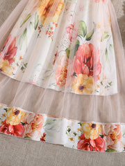 Girls Floral Print Mesh Sleeveless Cami Dress for Summer