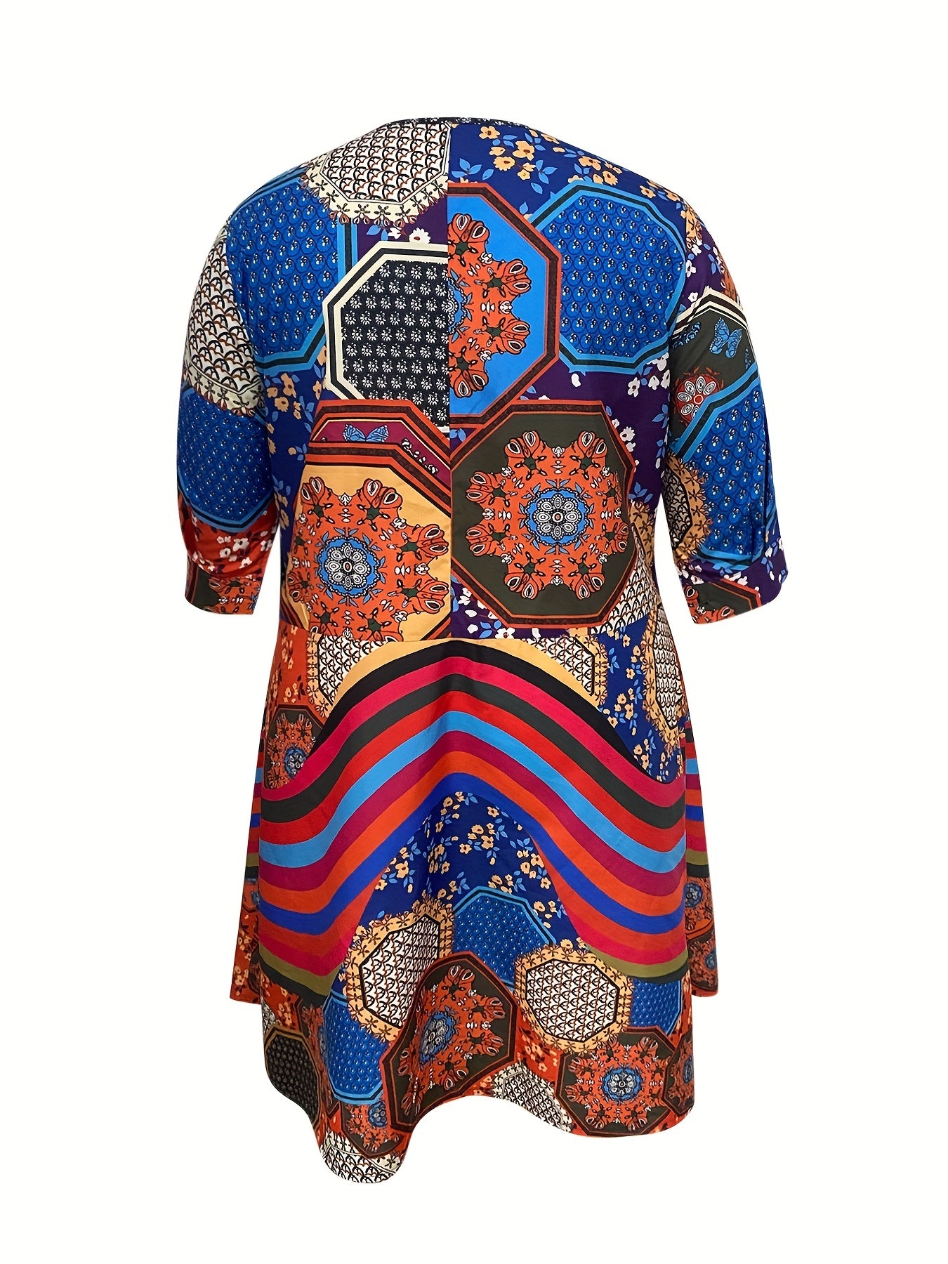 Boho Dress Women's Plus Geo Print Half Sleeve V Neck Stretch Dress