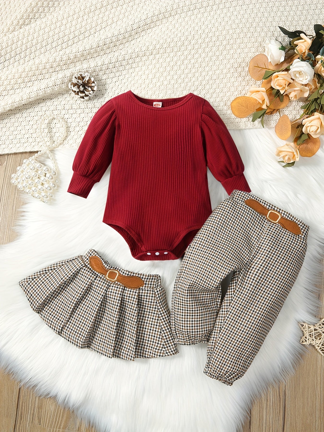 Baby Girls Stylish Puffy Sleeve Top & Houndstooth Skirt Set