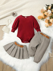 Baby Girls Stylish Puffy Sleeve Top & Houndstooth Skirt Set
