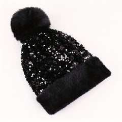 Sequin Knitted Hat Plush Fur Ball