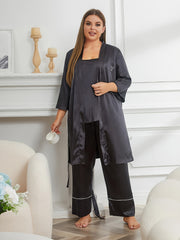 Contrast Pipping Satin Robe & Cami Top & Pants Set