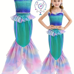 Girls Mermaid Set Cami Top & Fishtail Skirt Fish Scale Print Beach Party Costume