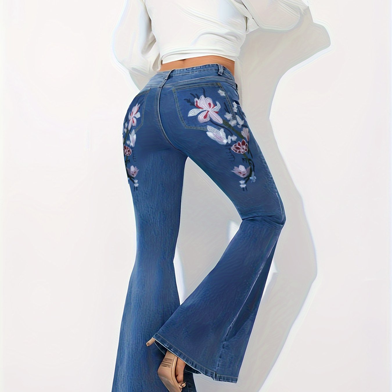 Floral Print High Rise Flared Leg Jeans
