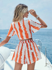 Striped Print Two Piece Set Flutter Sleeve Tops & Elastic Waist