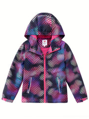 Girls Leopard Print Hooded Jacket Waterproof Windproof Fleece Lining