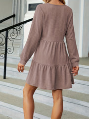 Solid Tiered Dress Casual V Neck Long Sleeve Dress Women's Clothing