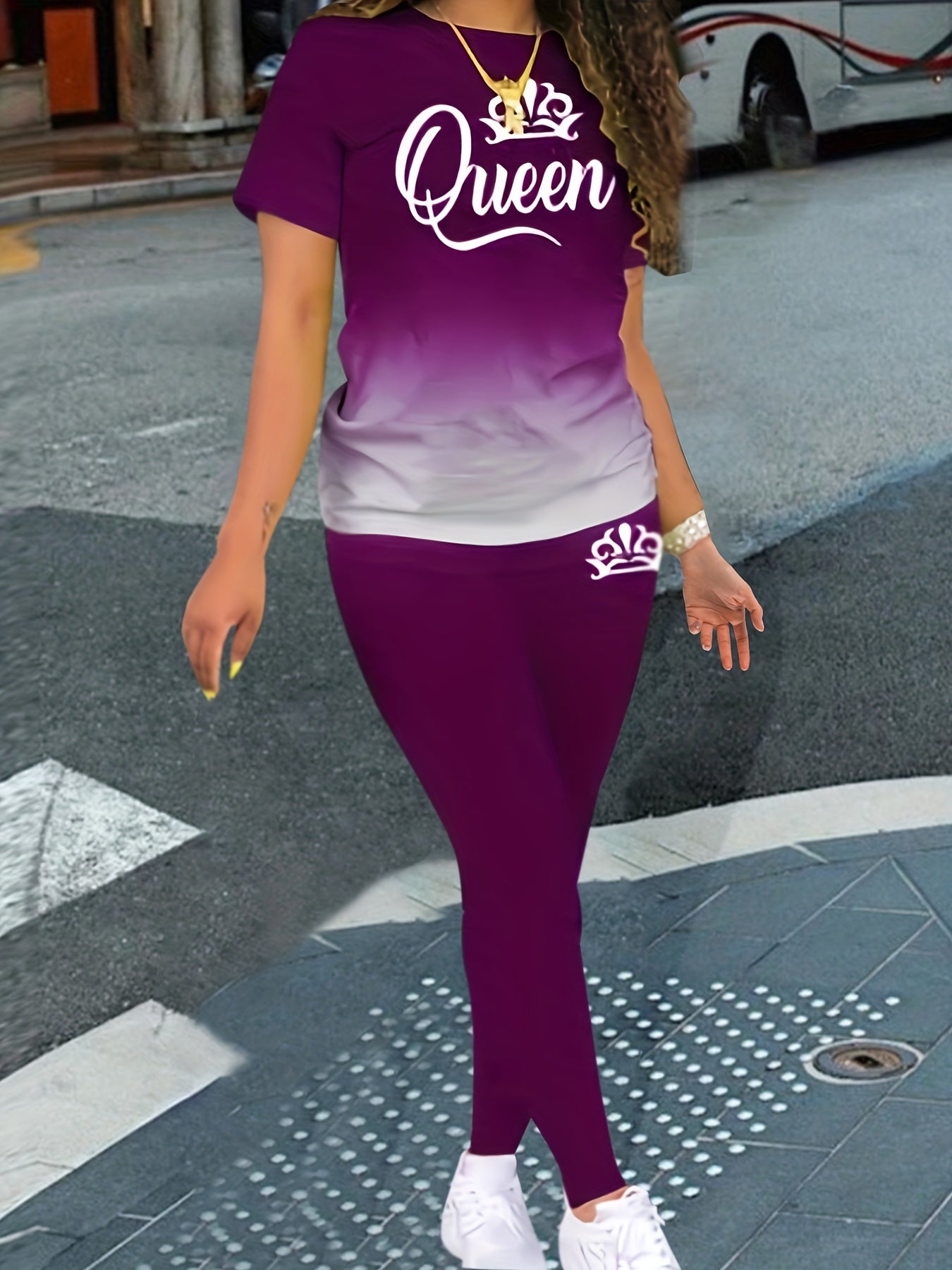 Letter & Crown Print Top & Pants Set