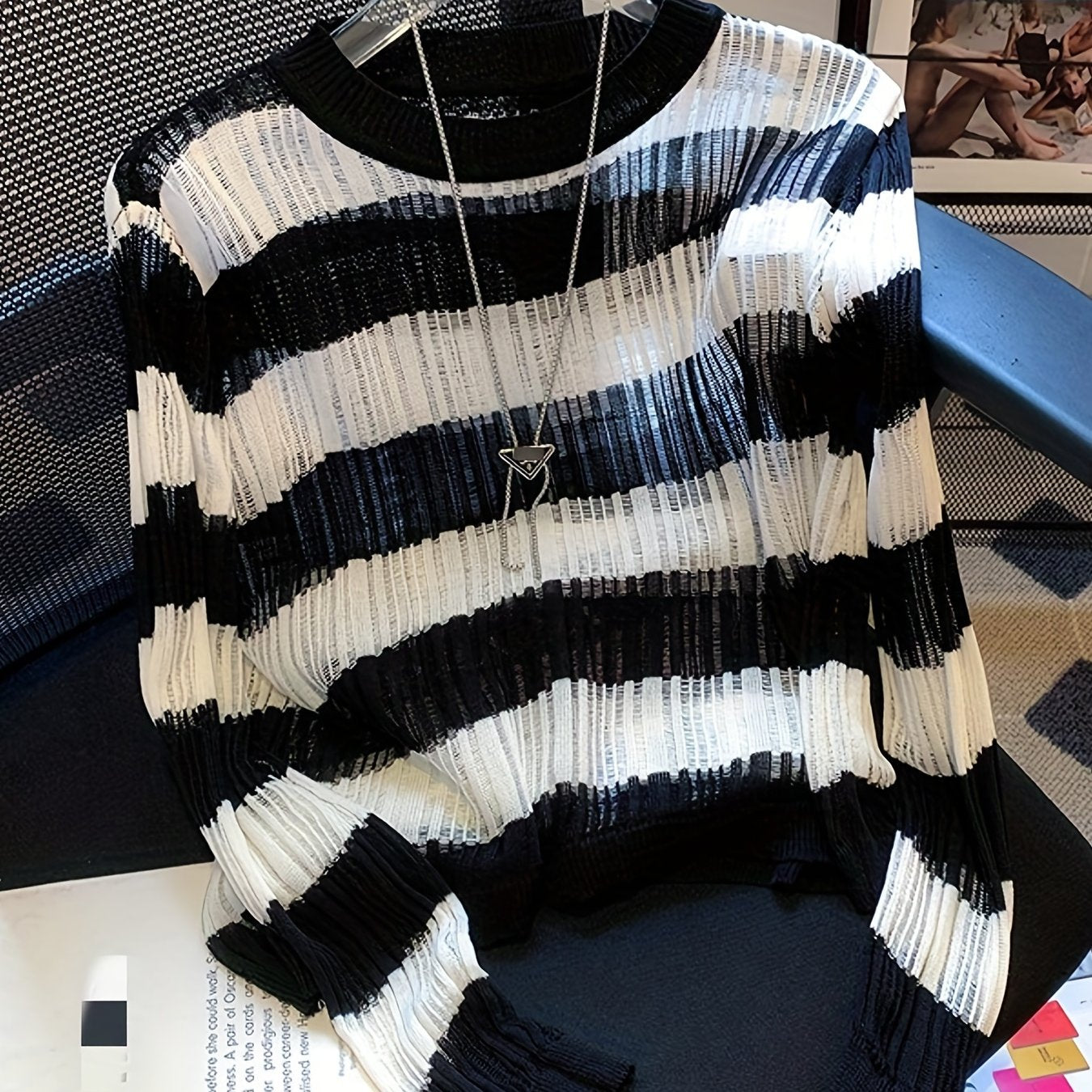 Striped Crew Neck Sweater Long Sleeve for Women's Spring & Fall