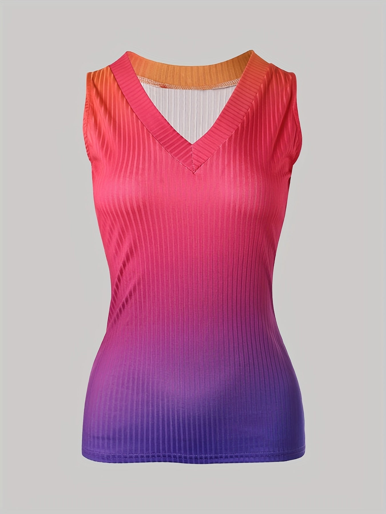 Gradient Ribbed Tank Top V Neck Sleeveless Summer Top