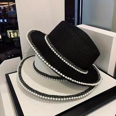 Faux Pearl Decor Sun Hat Flat Short Brim French Style Travel Beach Hat Women