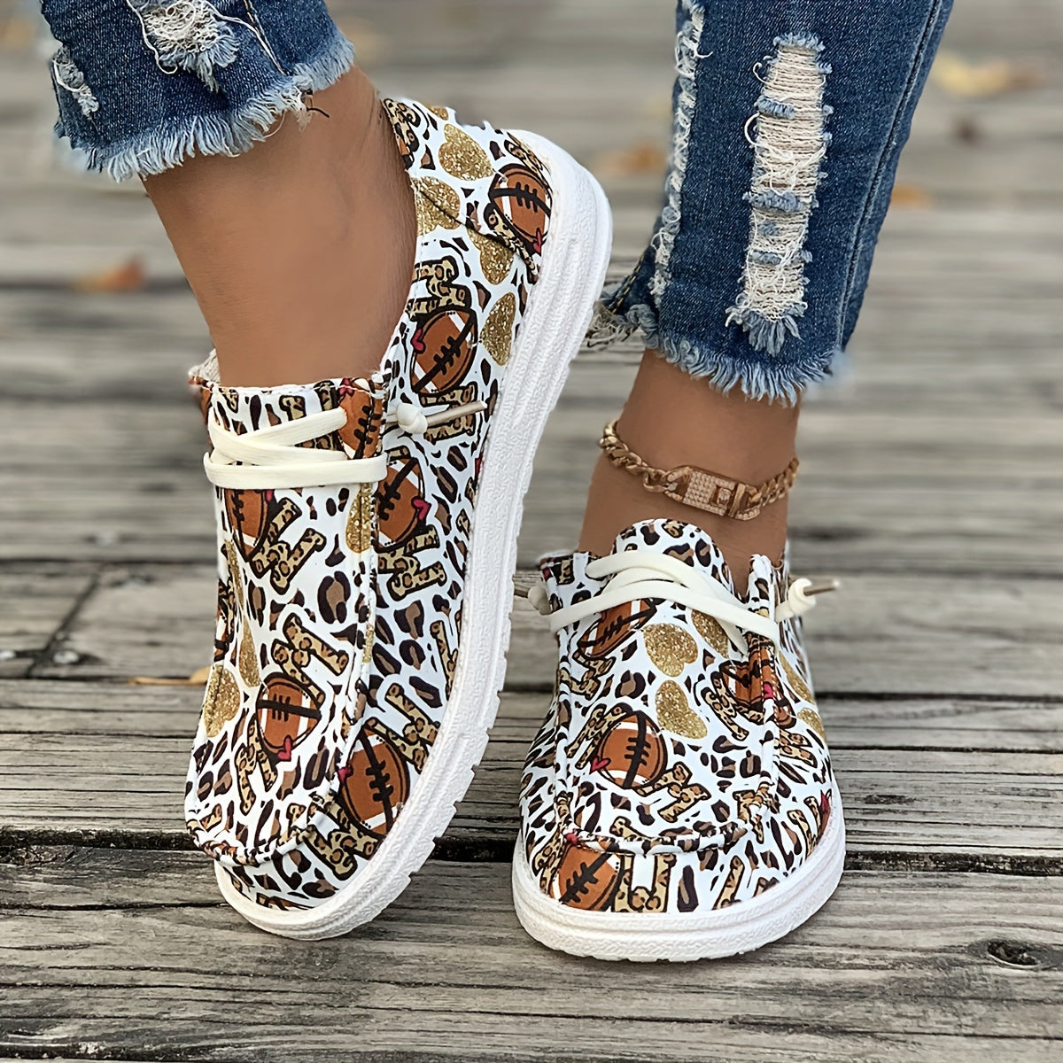 Women's Skate Shoes with Rugby Balls and Hearts Pattern