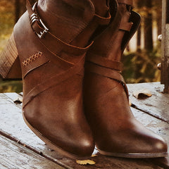 Women's Retro Mid Calf Boots Block Heeled Boots Western High Heeled Boots