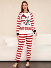 Christmas Print Pajama Set Long Sleeve Crew Neck Top & Striped Pants