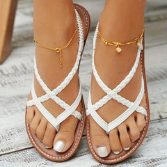 Women's Braided Flat Sandals Elastic Band Clip Toe Beach Shoes