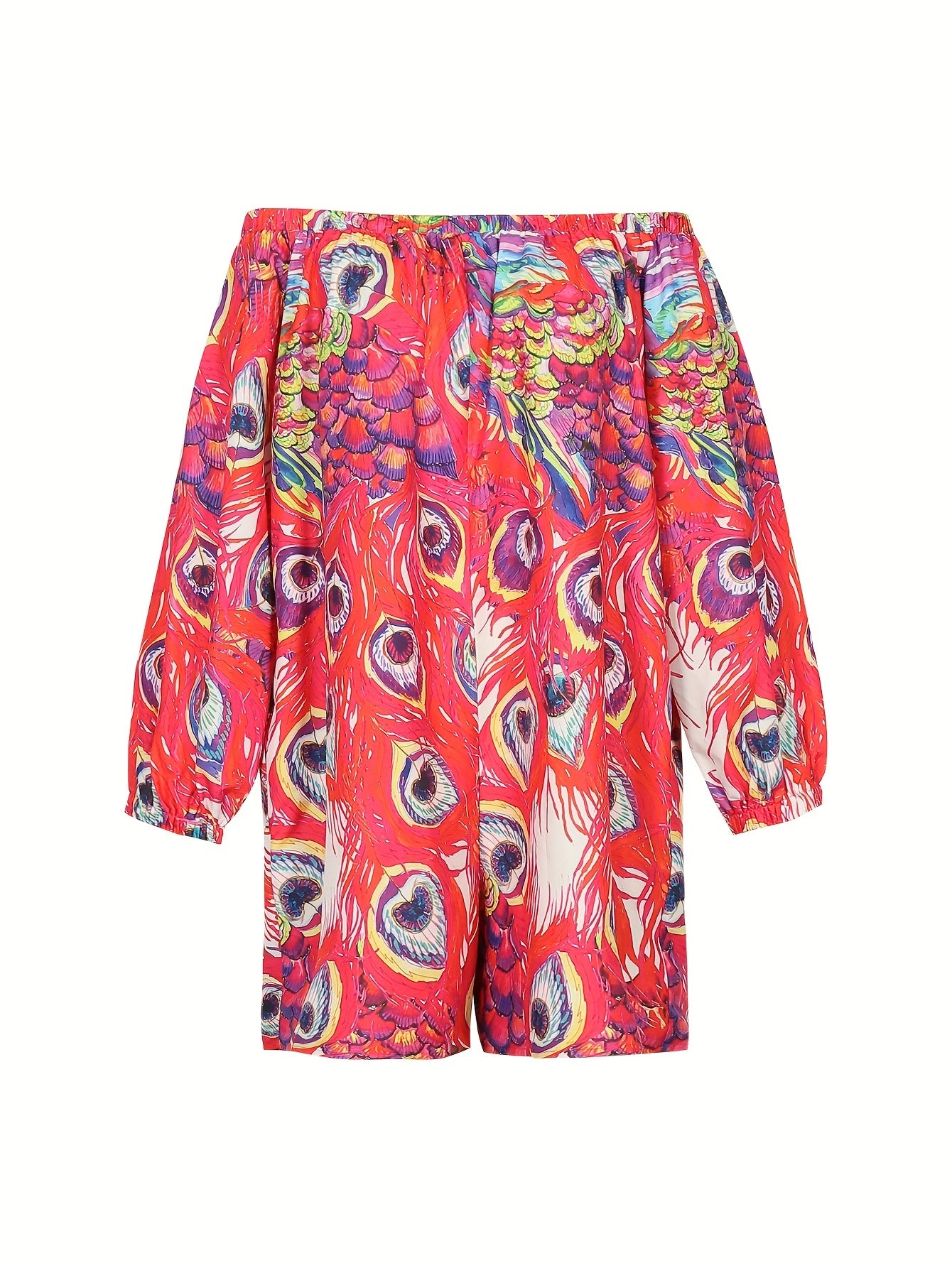 Peacock Print Off Shoulder Bubble Sleeve Romper With Pockets