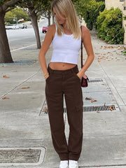Green Loose Fit Straight Jeans Flap Muti Pockets Wide Legs